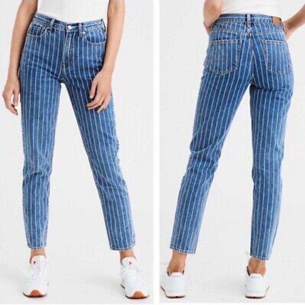 American Eagle Indigo Striped Hi Rise Mom Jean Size 8 Blue NWT